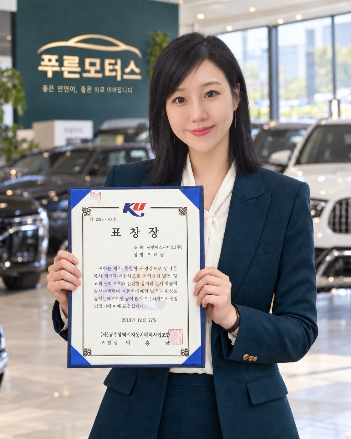 광주광역시자동차매매사업조합 표창장을 들고 있는 푸른모터스 오해림 매니저